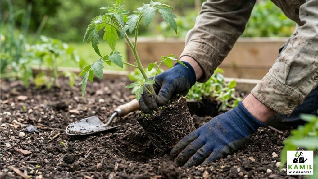 Pomidory wysadzamy w ziemii jak najgłębiej - najlepiej aż do pierwszych liści, wówczas łodyga wytworzy dodatkowe korzenie dzięki którym roślina będzie pobierać więcej związków organicznych niezbędnych do prawidłowego wzrostu | foto. kamilwogrodzie.pl