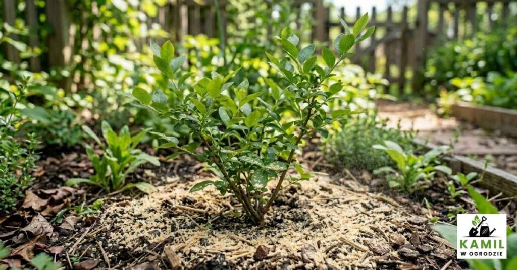 Rozsypanie trocin wokół borówki amerykańskiej | foto. Kamil w Ogrodzie