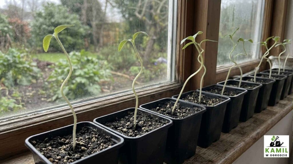 Wyciągnięte siewki pomidorów - zbyt mała ilość światła | foto. Materiały własne