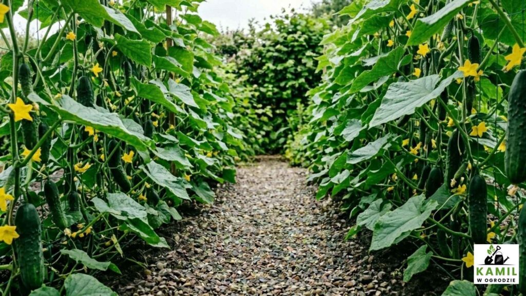 Ogórki prowadzone na siatce tworzą zdrową, przewiewną ścianę zieleni – więcej światła, mniej chorób i znacznie wyższe plony. | foto. kamilwogrodzie.pl