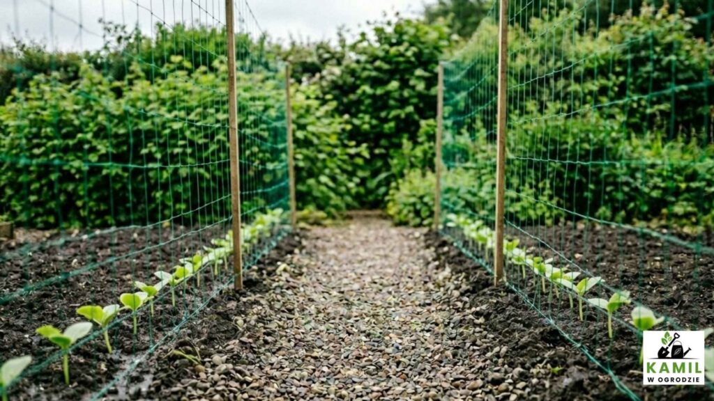 Młode siewki ogórków wysiane wzdłuż siatki – to kluczowy moment. Rośliny od początku uczą się wspinania, co przekłada się na zdrowszy wzrost i lepsze plony. | foto. kamilwogrodzie.pl